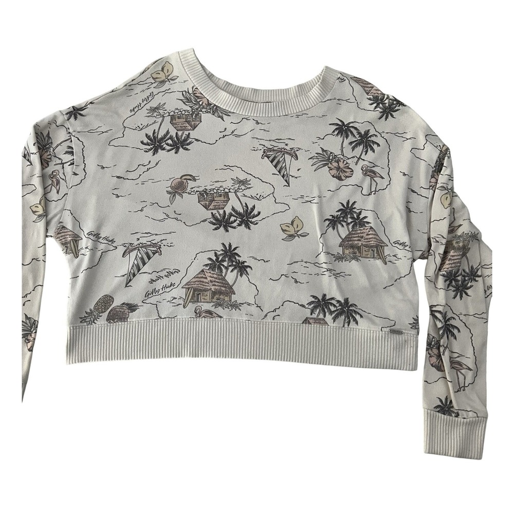 Gilly‎ Hicks Womens XS Cropped Sweatshirt Cream Tropical Island Palm Tree Print